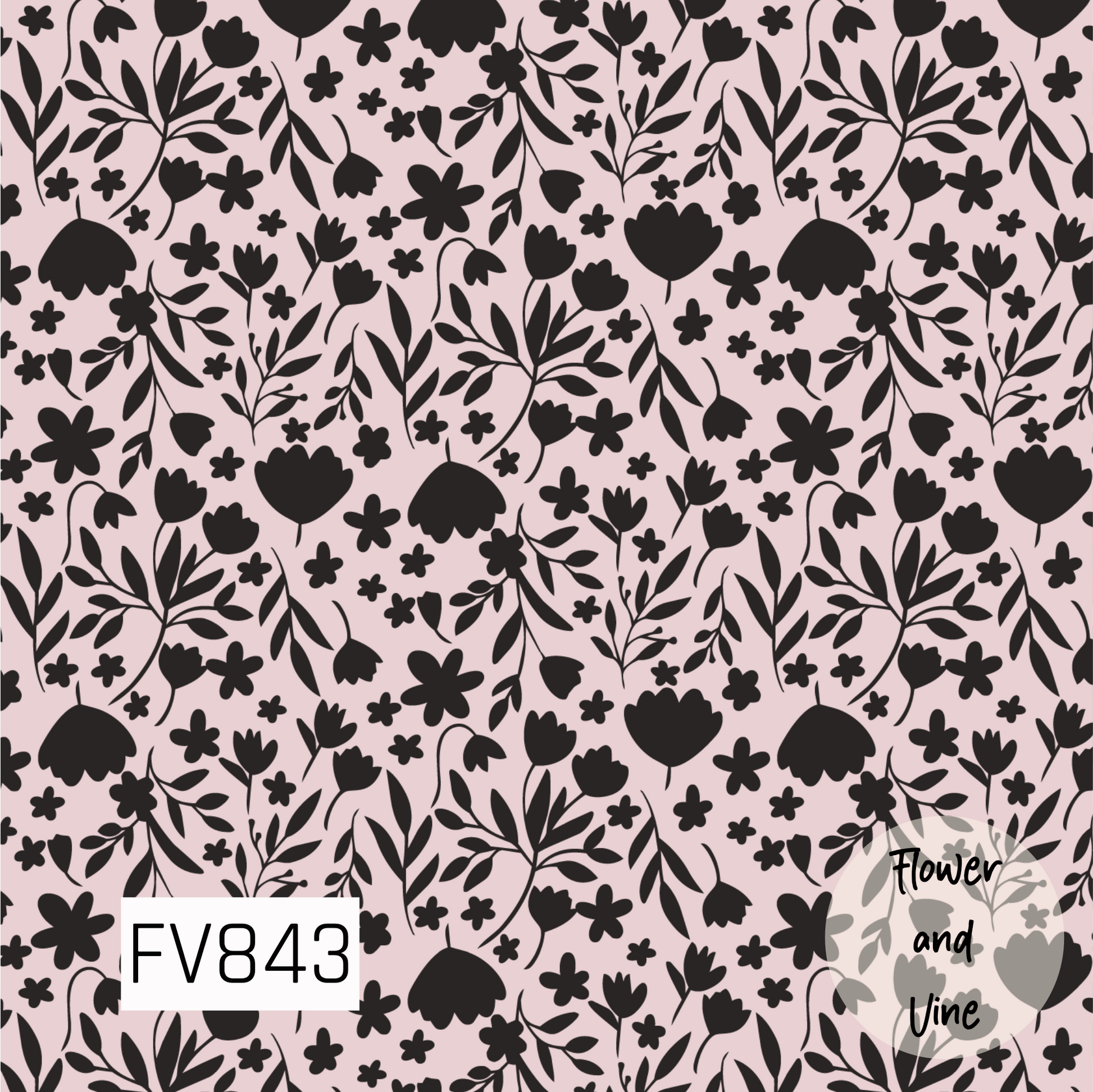 A bold botanical print featuring black flowers, leafy branches, and delicate floral sprigs scattered across a soft blush pink background. The high-contrast silhouettes paired with the muted pink create a modern, feminine look with a playful vintage-inspired feel.
