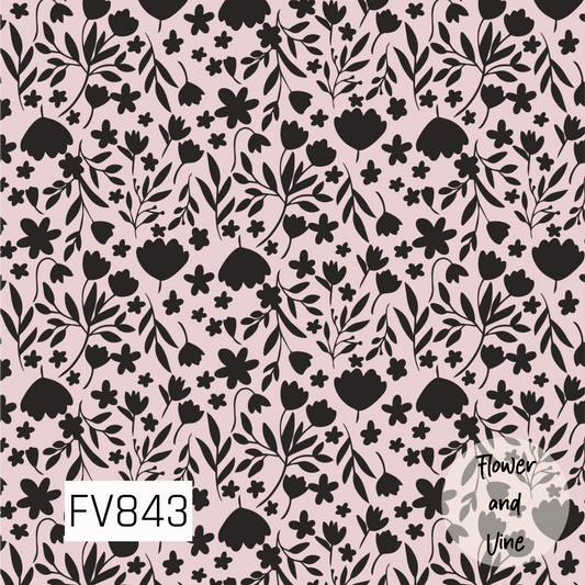 A bold botanical print featuring black flowers, leafy branches, and delicate floral sprigs scattered across a soft blush pink background. The high-contrast silhouettes paired with the muted pink create a modern, feminine look with a playful vintage-inspired feel.
