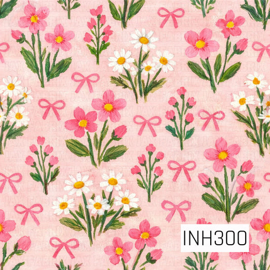 Pattern of pink flowers, green leaves, and pink bows on a pink background 
