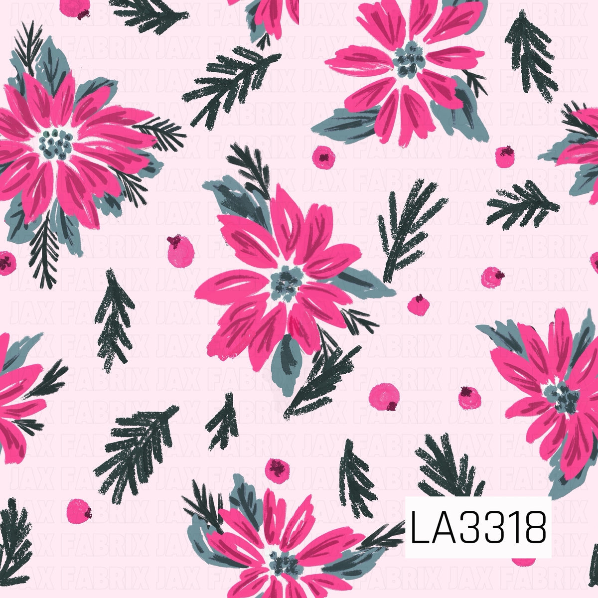 A playful Christmas floral pattern featuring bright pink poinsettias, dark evergreen sprigs, muted blue-green leaves and scattered pink berries against a soft blush pink background. The hand-painted style gives it a sweet, feminine and festive holiday feel.
