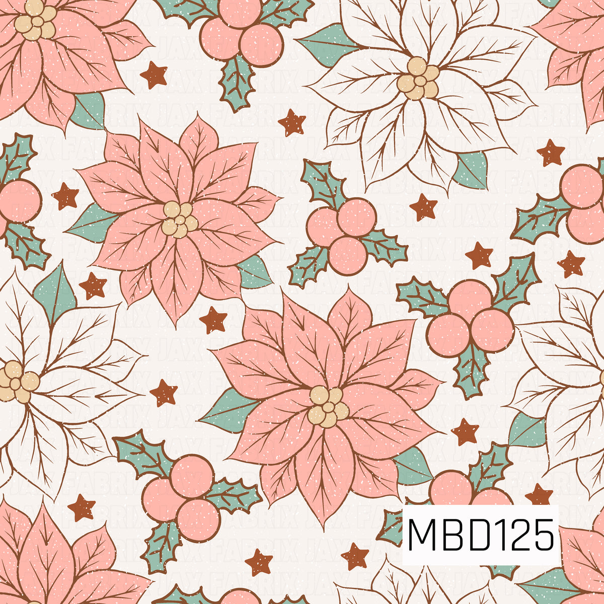 A whimsical Christmas floral pattern featuring large blush pink and creamy white poinsettias with delicate brown outlines, detailed veining, and soft golden centers. Clusters of pink berries, muted sage green holly leaves, and scattered rust-colored stars fill the spaces between the blooms. Subtle white speckles add a snowy, textured touch against the soft ivory background, creating a charming vintage-inspired holiday design.