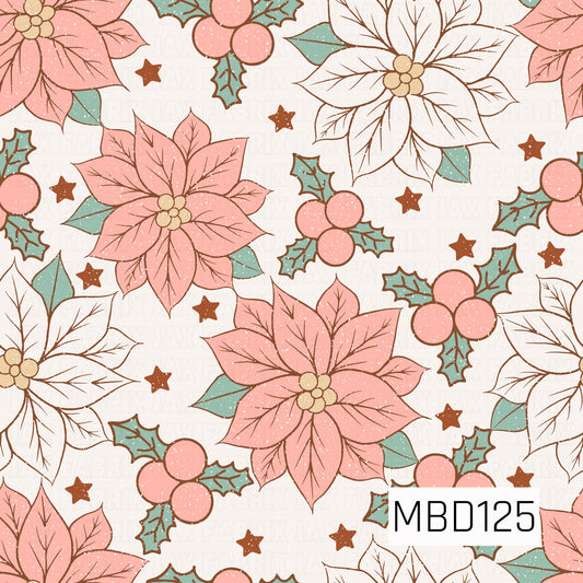 A whimsical Christmas floral pattern featuring large blush pink and creamy white poinsettias with delicate brown outlines, detailed veining, and soft golden centers. Clusters of pink berries, muted sage green holly leaves, and scattered rust-colored stars fill the spaces between the blooms. Subtle white speckles add a snowy, textured touch against the soft ivory background, creating a charming vintage-inspired holiday design.
