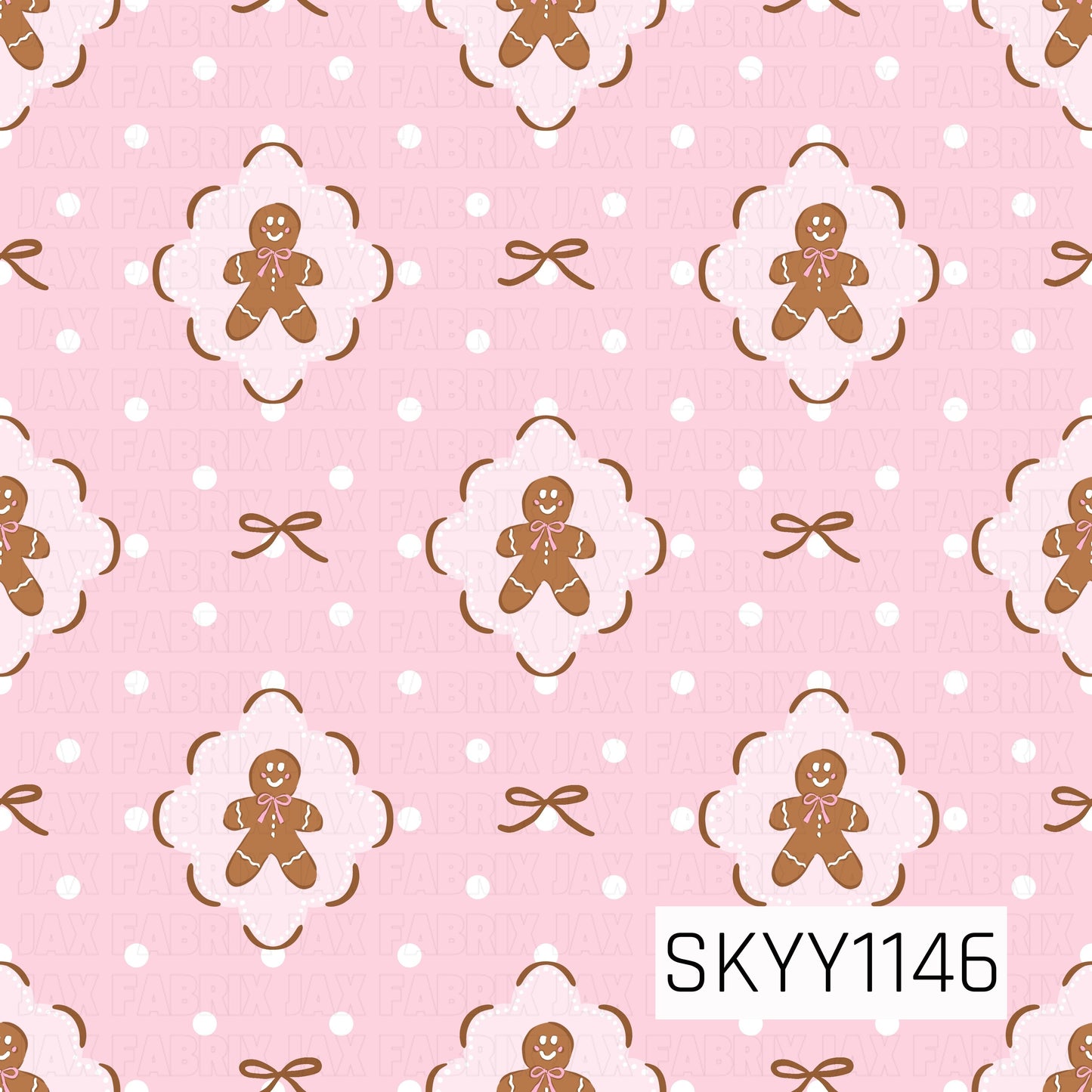 A sweet pink Christmas seamless pattern featuring smiling gingerbread people framed inside delicate scalloped shapes. Simple brown bows and scattered white polka dots add a playful touch against the soft pink background.
