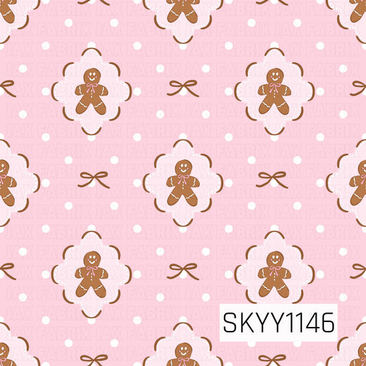 A sweet pink Christmas seamless pattern featuring smiling gingerbread people framed inside delicate scalloped shapes. Simple brown bows and scattered white polka dots add a playful touch against the soft pink background.

