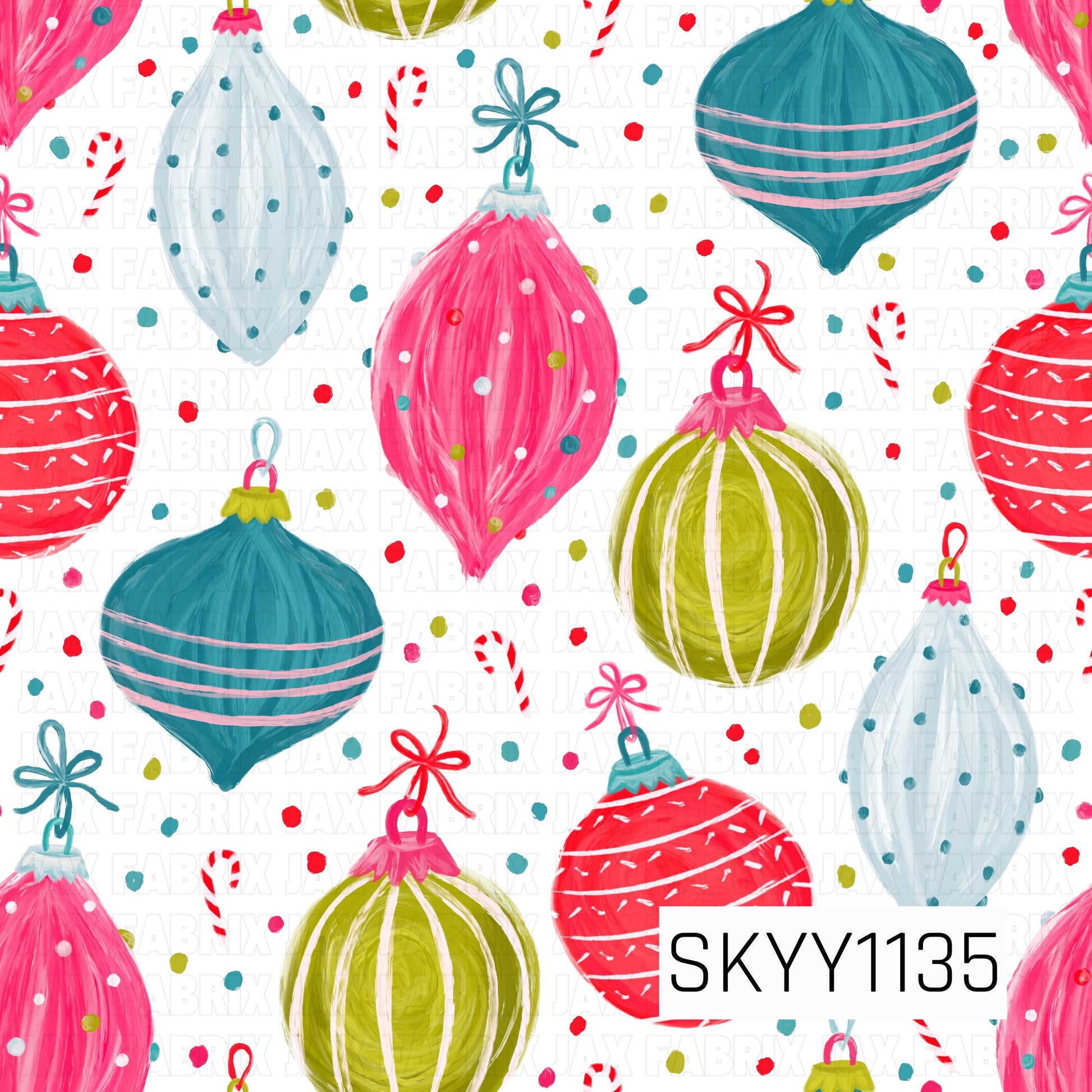 A cheerful Christmas pattern featuring oversized hand-painted ornaments in bright pink, teal, red, lime green, and icy blue. Playful stripes, polka dots, tiny candy canes, scattered confetti, and whimsical bow-tied ornament hangers create a colorful, festive holiday look.
