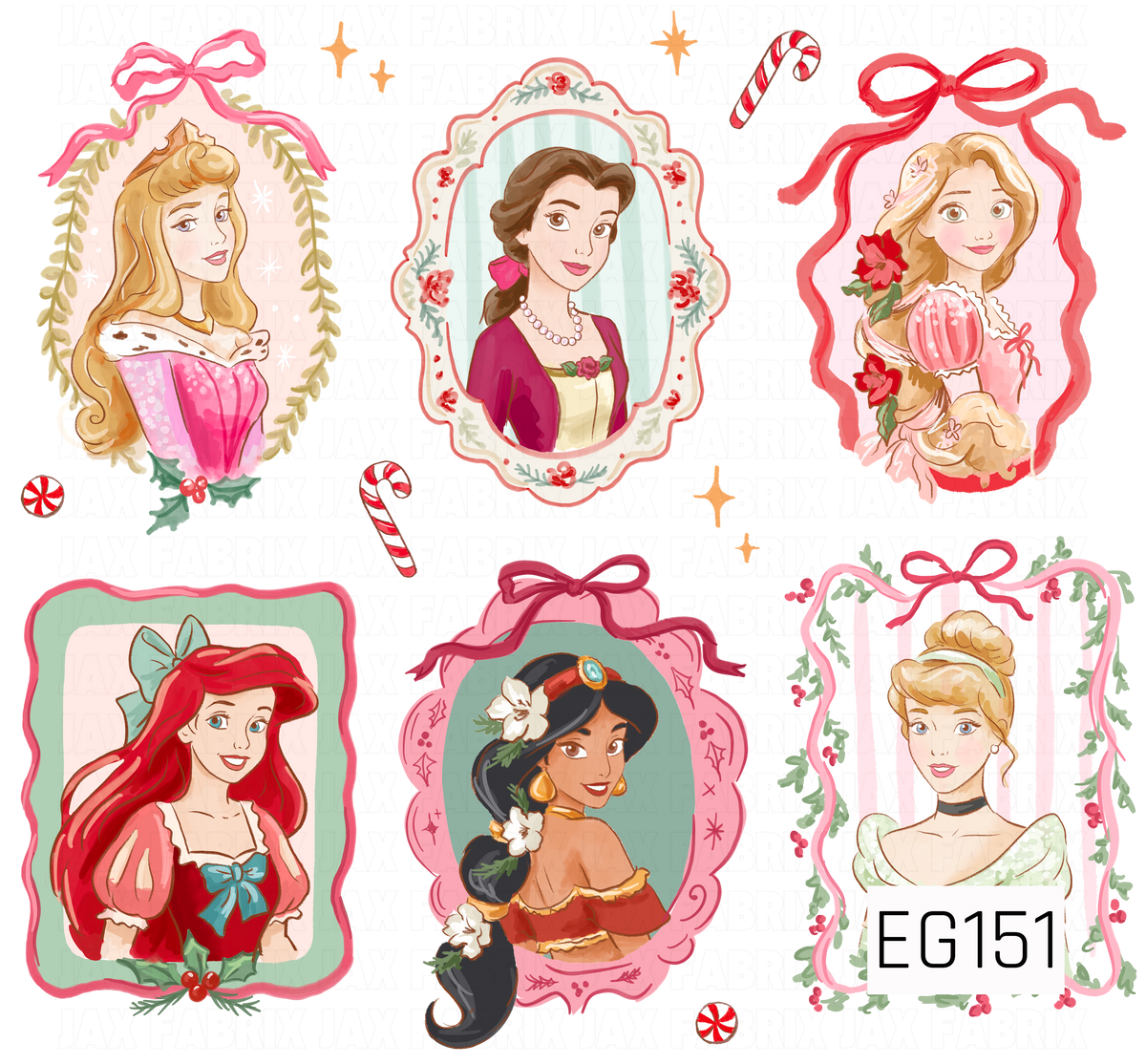A festive storybook princess collection featuring six beloved princess-inspired portraits in whimsical frames, accented with bows, florals, candy canes, peppermint candies, and sparkling details.
