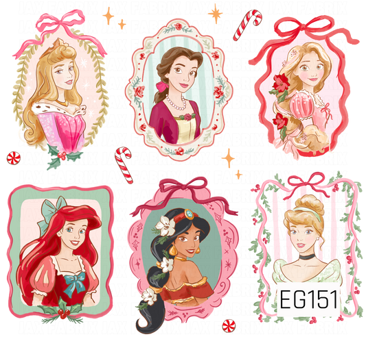 A festive storybook princess collection featuring six beloved princess-inspired portraits in whimsical frames, accented with bows, florals, candy canes, peppermint candies, and sparkling details.
