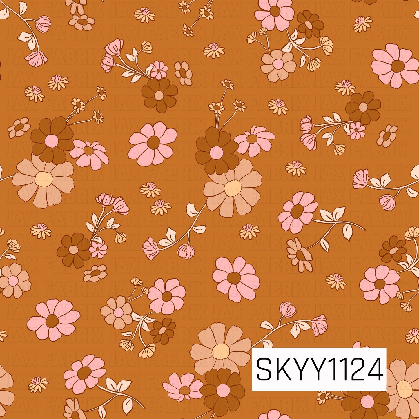 A warm retro floral seamless pattern featuring scattered hand-drawn flowers, delicate sprigs, and leafy stems. Soft pink, peach, cream, and rich brown blooms pop against a burnt orange background, creating a cozy vintage-inspired fall look.
