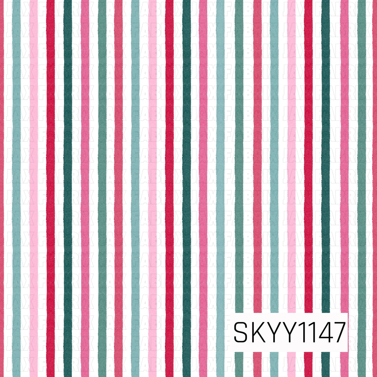 A simple hand-painted stripe pattern featuring alternating shades of festive red, soft pink, teal, and muted aqua on a crisp white background. The slightly textured, imperfect lines give the design a playful handmade feel.
