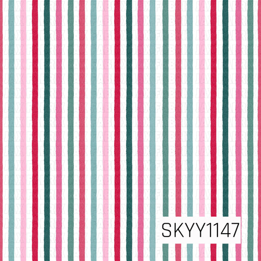 A simple hand-painted stripe pattern featuring alternating shades of festive red, soft pink, teal, and muted aqua on a crisp white background. The slightly textured, imperfect lines give the design a playful handmade feel.
