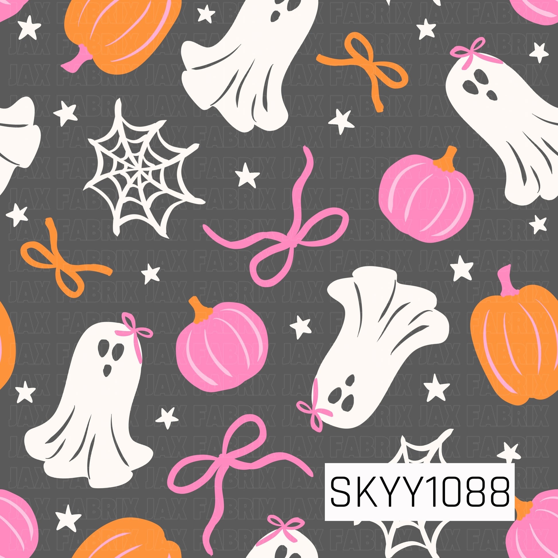 A charming seamless Halloween pattern featuring adorable white ghosts with tiny pink bows, pink and orange pumpkins, delicate ribbon bows, spider webs, and scattered white stars on a charcoal gray background. The playful mix of soft pinks, bright oranges, and classic Halloween elements creates a cute, preppy design with a sweet spooky feel.
