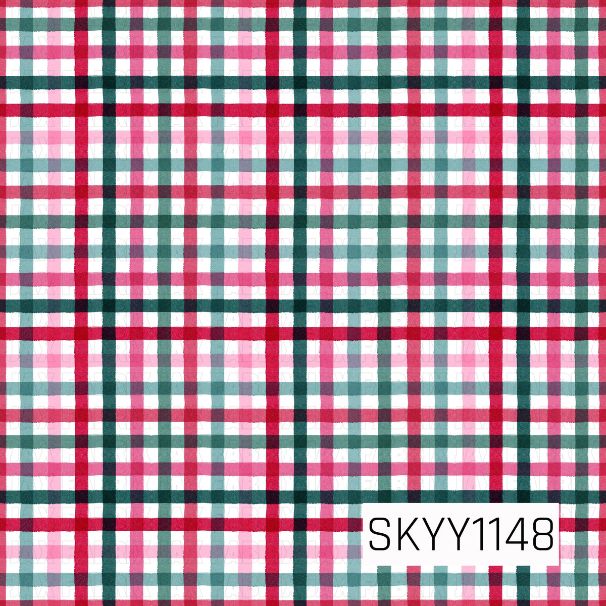 A festive hand-painted plaid pattern featuring overlapping stripes in bright red, pink, deep teal, and soft aqua on a crisp white background. The slightly textured brushstroke lines give the classic holiday plaid a fun, playful feel.
