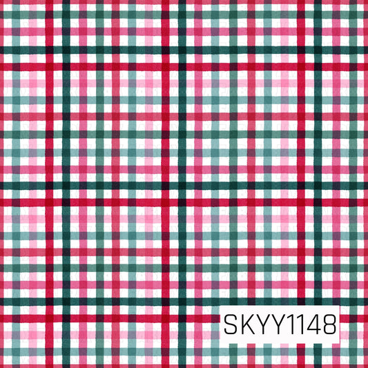 A festive hand-painted plaid pattern featuring overlapping stripes in bright red, pink, deep teal, and soft aqua on a crisp white background. The slightly textured brushstroke lines give the classic holiday plaid a fun, playful feel.
