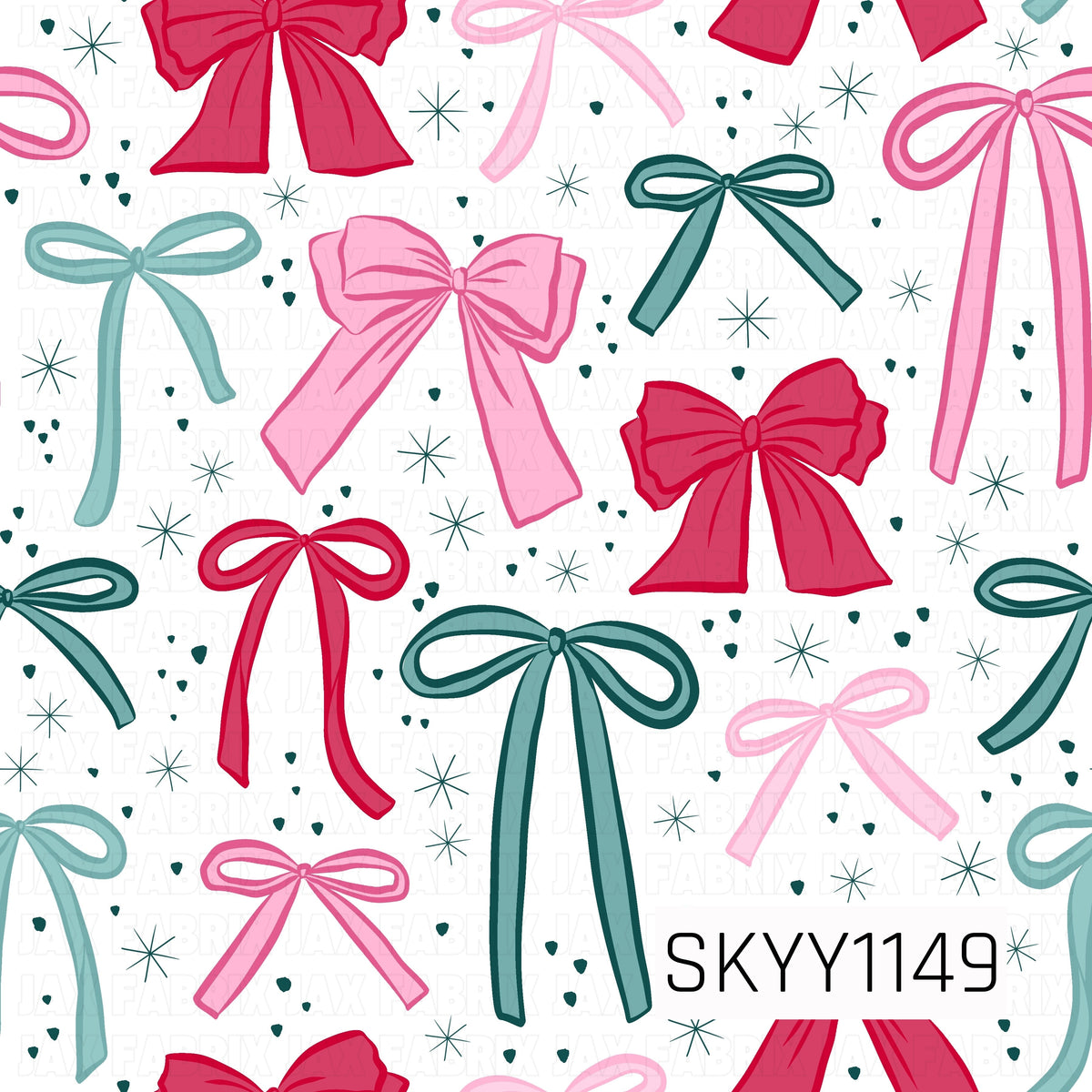 A playful holiday bow pattern featuring oversized bows in shades of bright red, pink, deep teal, and soft aqua. Delicate starbursts and scattered confetti-like accents fill the white background, giving the design a fun, festive Christmas feel.
