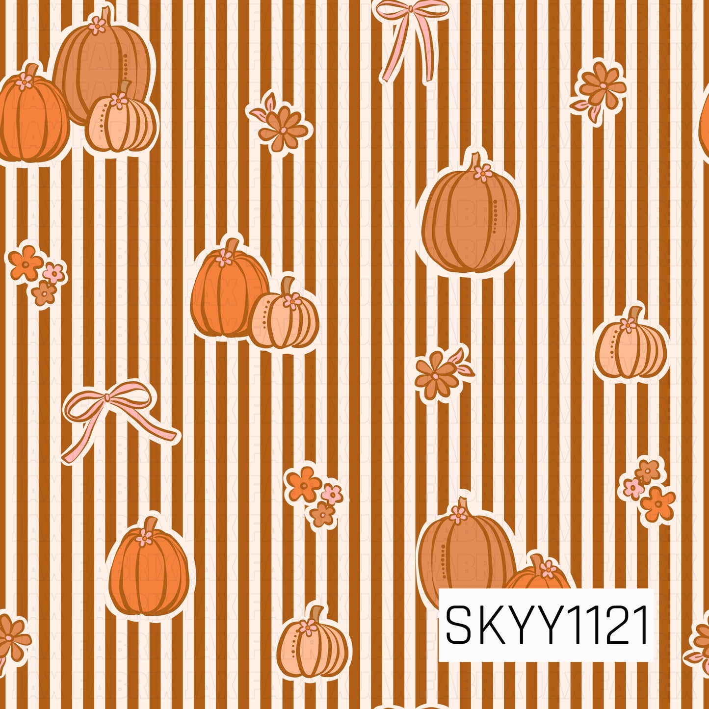 A playful fall seamless pattern featuring warm orange and peach pumpkins scattered among dainty florals and delicate bows. Vertical burnt orange and cream stripes create a bold backdrop, giving the design a sweet, preppy autumn feel.
