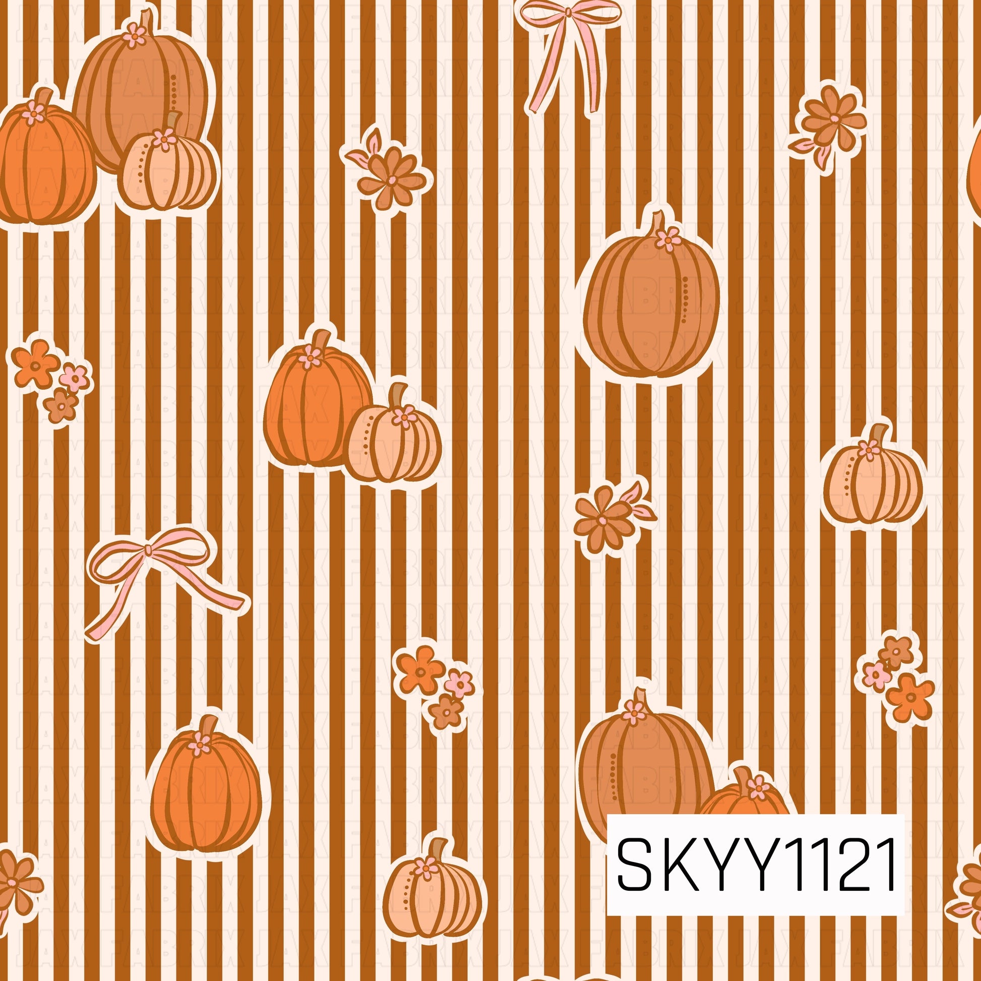A playful fall seamless pattern featuring warm orange and peach pumpkins scattered among dainty florals and delicate bows. Vertical burnt orange and cream stripes create a bold backdrop, giving the design a sweet, preppy autumn feel.
