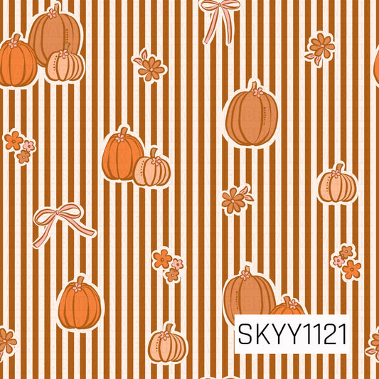 A playful fall seamless pattern featuring warm orange and peach pumpkins scattered among dainty florals and delicate bows. Vertical burnt orange and cream stripes create a bold backdrop, giving the design a sweet, preppy autumn feel.

