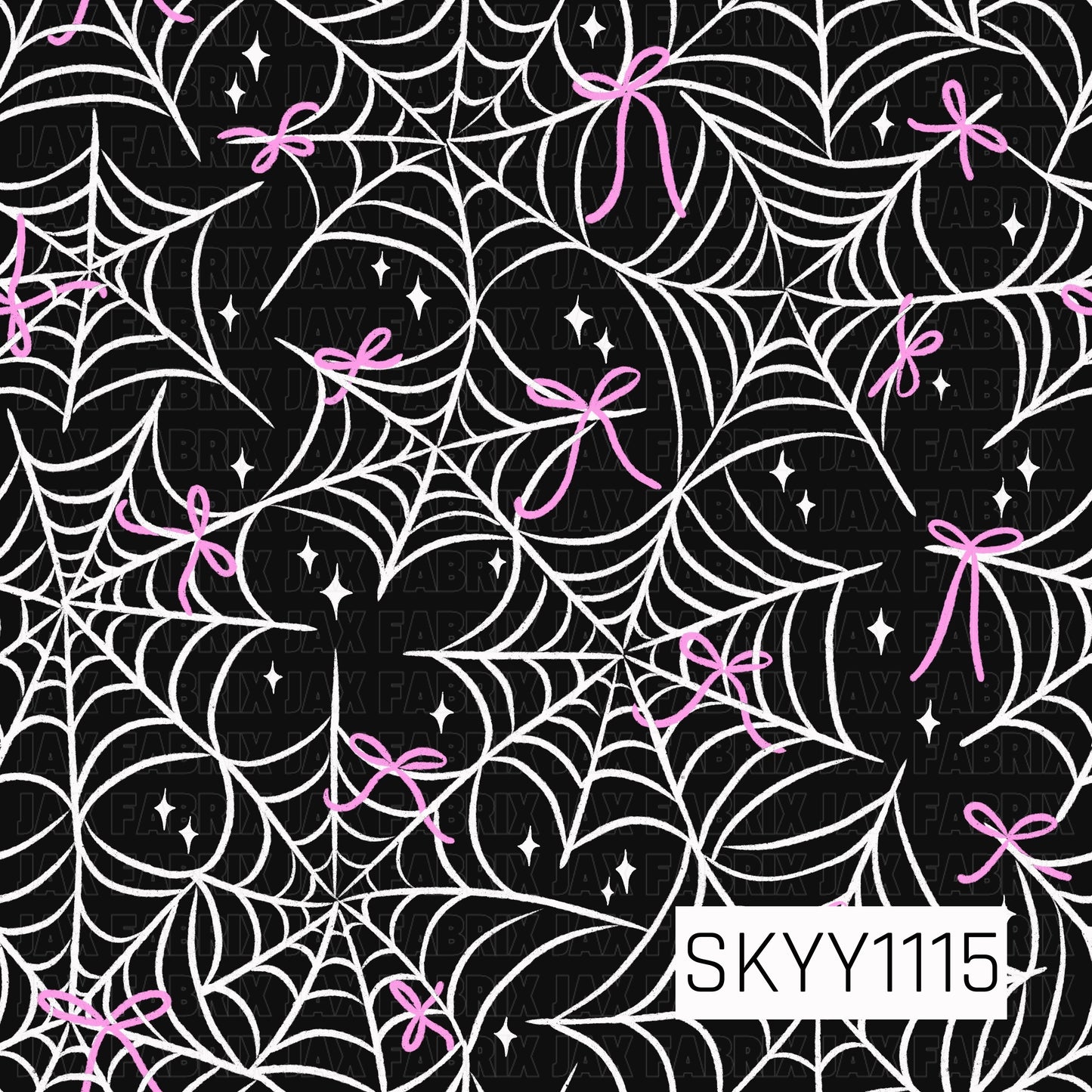 A playful seamless Halloween pattern featuring layered white spiderwebs accented with scattered hot pink ribbon bows and tiny sparkling stars. The overlapping webs create a bold, swirling layout against a deep black background, while the bright pink bows add a fun, feminine twist to the spooky design.
