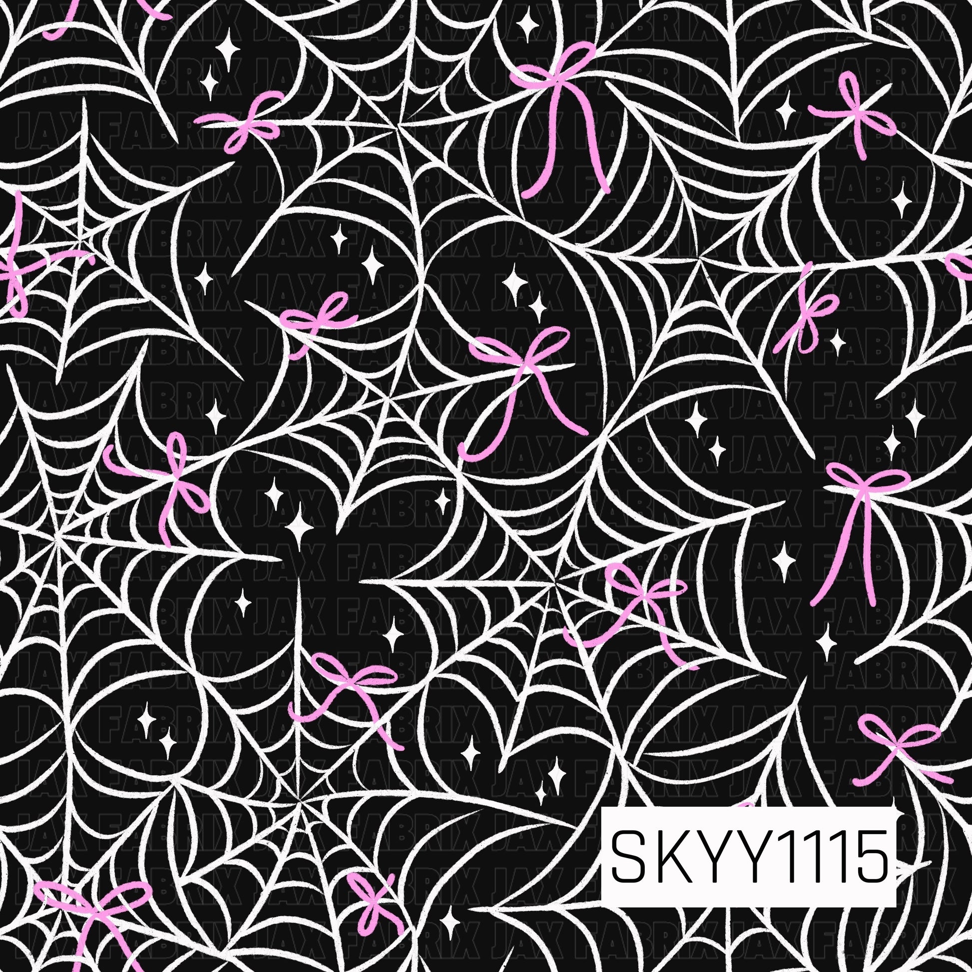 A playful seamless Halloween pattern featuring layered white spiderwebs accented with scattered hot pink ribbon bows and tiny sparkling stars. The overlapping webs create a bold, swirling layout against a deep black background, while the bright pink bows add a fun, feminine twist to the spooky design.
