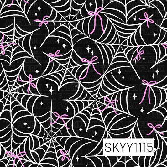 A playful seamless Halloween pattern featuring layered white spiderwebs accented with scattered hot pink ribbon bows and tiny sparkling stars. The overlapping webs create a bold, swirling layout against a deep black background, while the bright pink bows add a fun, feminine twist to the spooky design.
