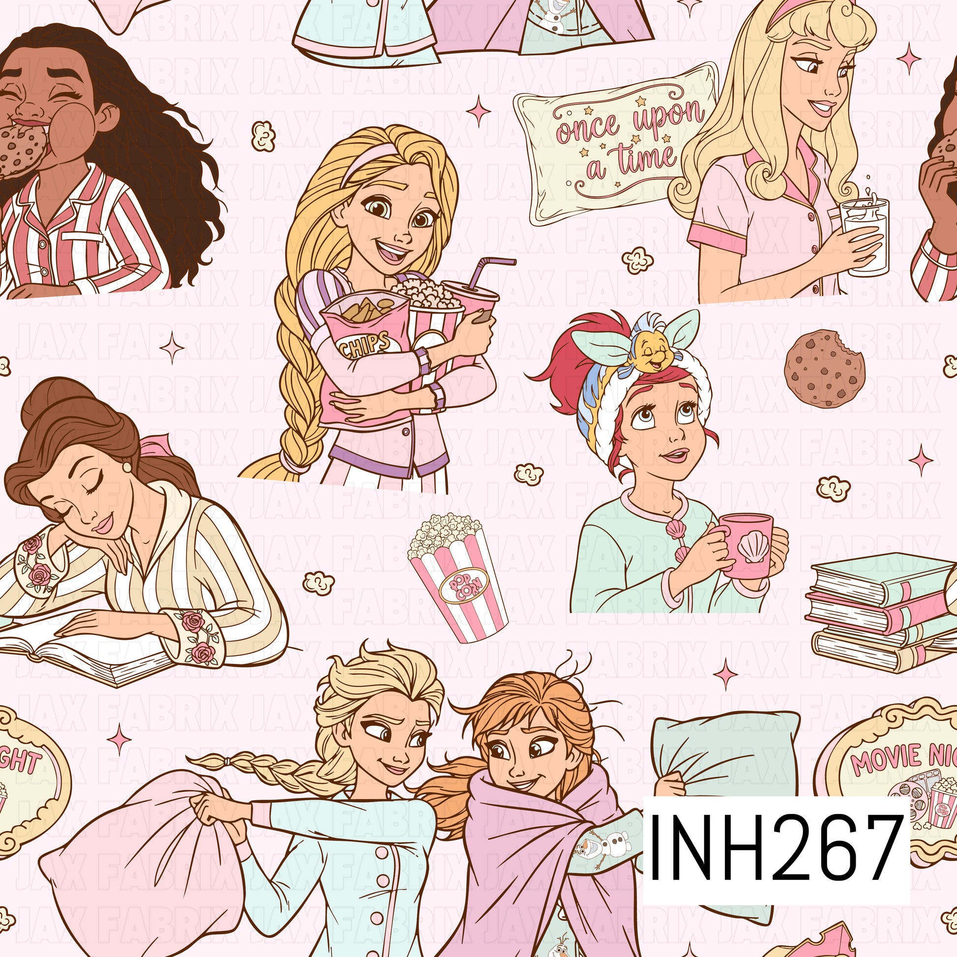 Illustrations of animated characters in casual sleepover settings with 'Once Upon a Time