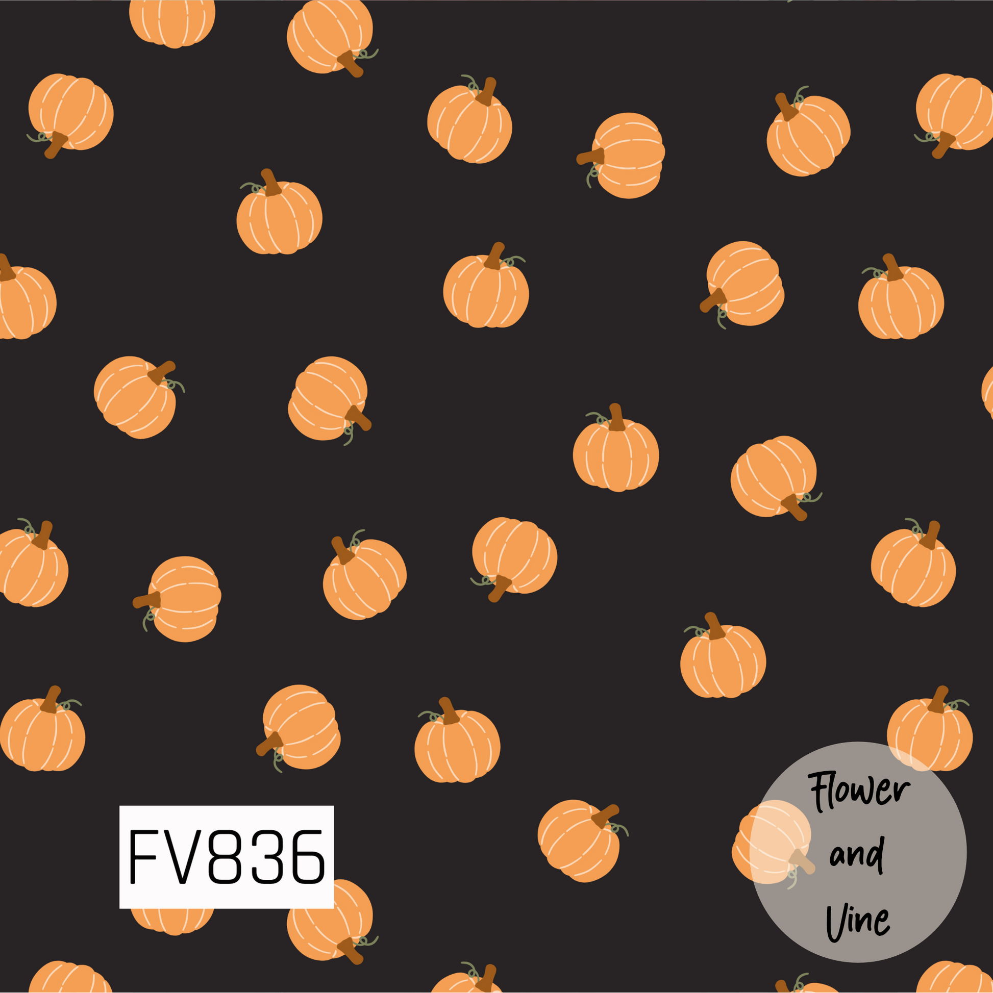 A playful fall print featuring cheerful orange pumpkins scattered across a rich black background. Each pumpkin has simple cream detailing, warm brown stems, and tiny green vines for a charming hand-drawn feel. The dark background makes the bright pumpkins pop, creating a fun, classic autumn look perfect for fall and Halloween designs.
