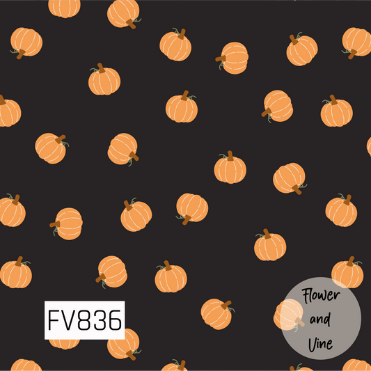 A playful fall print featuring cheerful orange pumpkins scattered across a rich black background. Each pumpkin has simple cream detailing, warm brown stems, and tiny green vines for a charming hand-drawn feel. The dark background makes the bright pumpkins pop, creating a fun, classic autumn look perfect for fall and Halloween designs.
