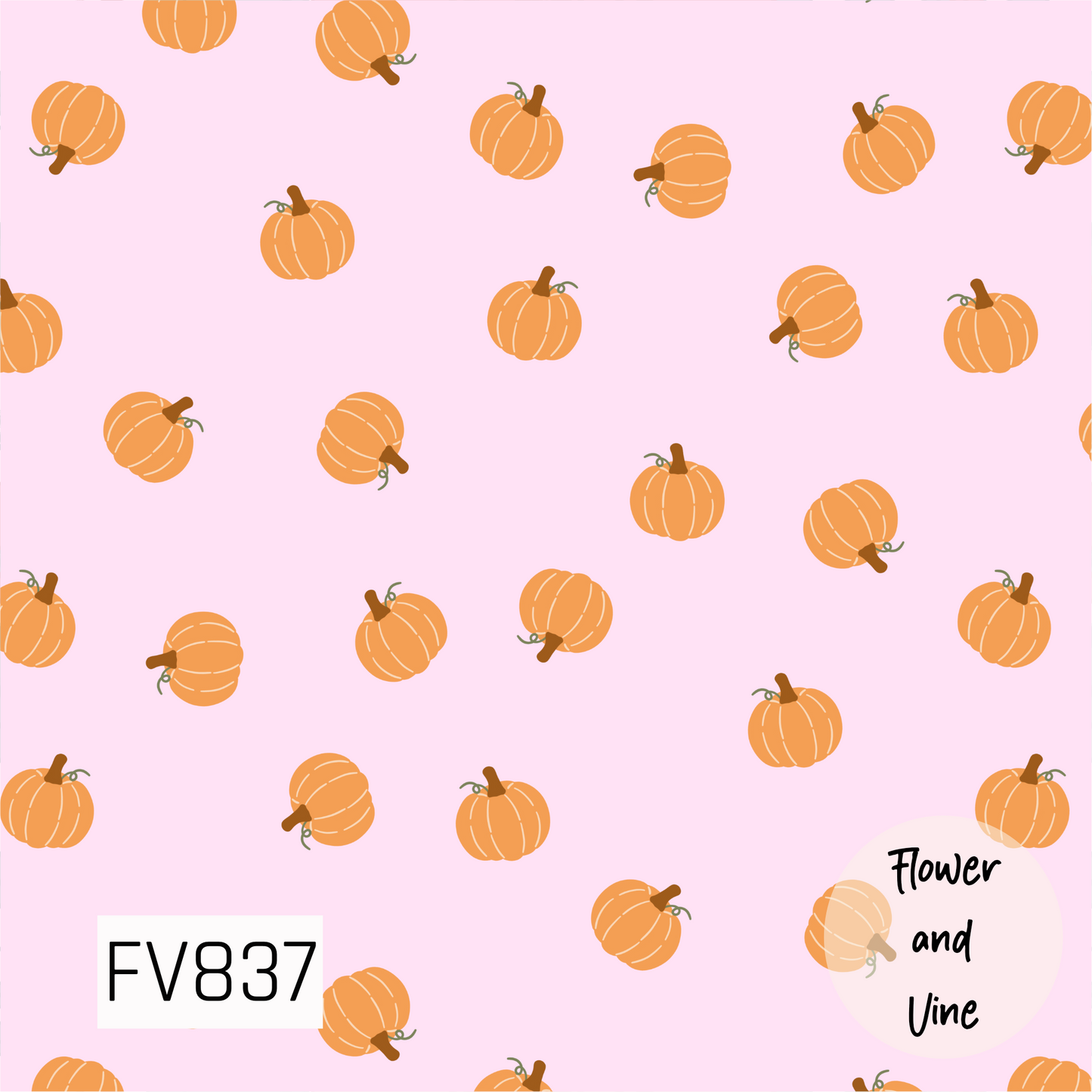 A playful fall print featuring cheerful orange pumpkins scattered across a soft pastel pink background. Each pumpkin has simple cream detailing, warm brown stems, and tiny green vines for a sweet hand-drawn look. The unexpected pink and orange color combination gives this classic autumn design a fun, feminine twist.
