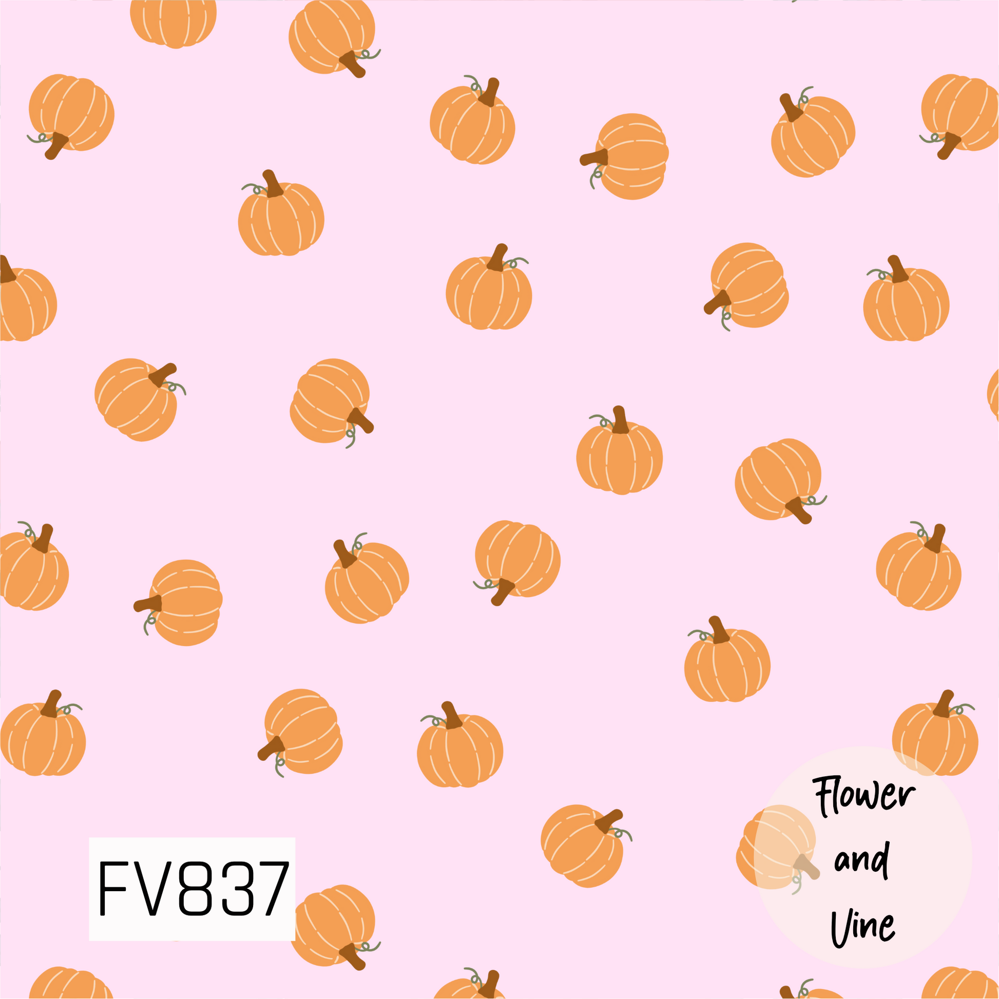 A playful fall print featuring cheerful orange pumpkins scattered across a soft pastel pink background. Each pumpkin has simple cream detailing, warm brown stems, and tiny green vines for a sweet hand-drawn look. The unexpected pink and orange color combination gives this classic autumn design a fun, feminine twist.
