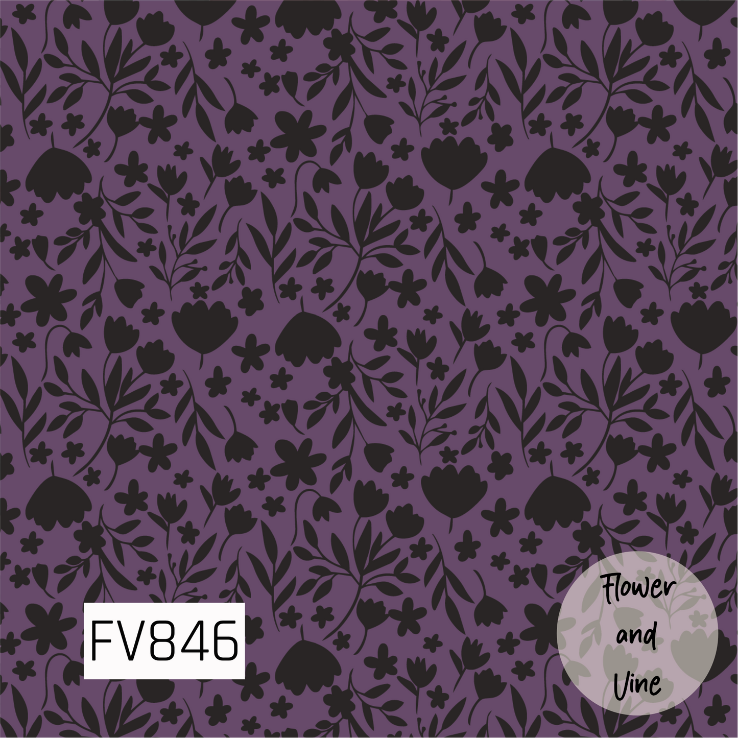 A moody botanical print featuring black flowers, leafy branches, and delicate floral sprigs scattered across a muted deep purple background. The bold silhouette-style florals give the design a dark, vintage-inspired feel that works beautifully for fall and Halloween projects.
