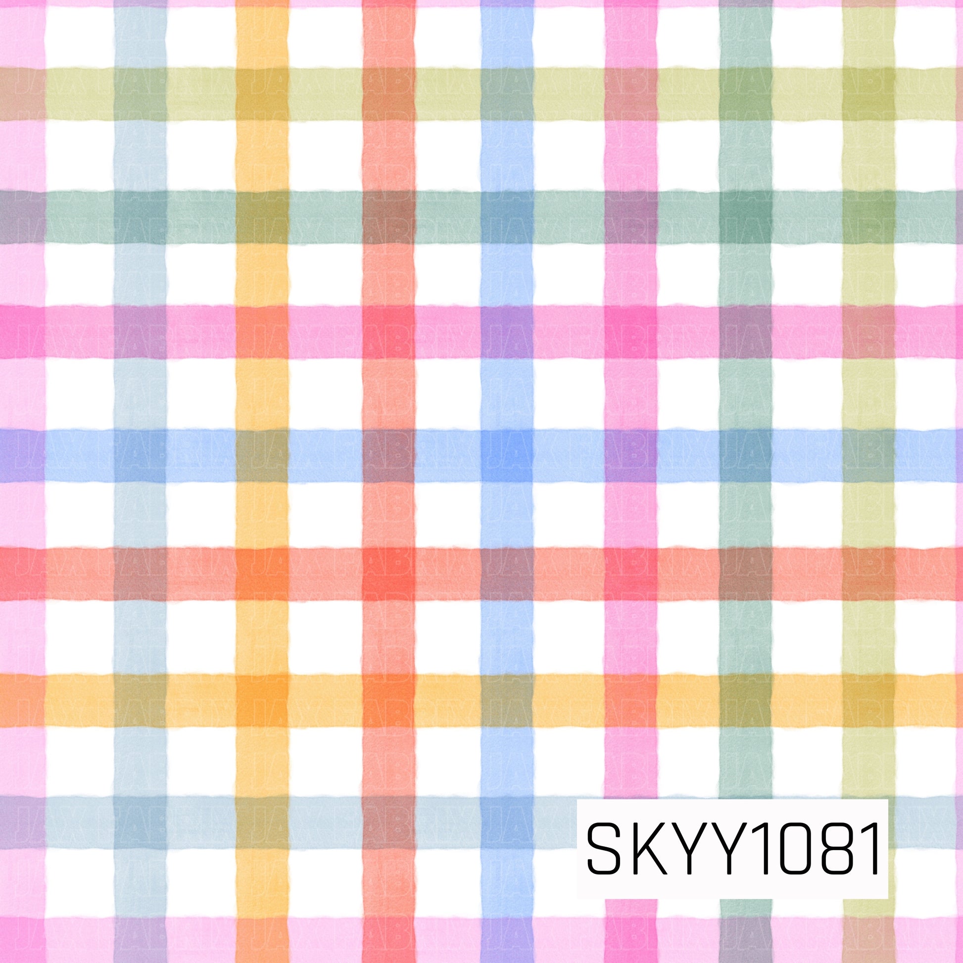 Soft watercolor rainbow plaid featuring pastel pink, blue, yellow, coral, mint, and light green stripes layered over a crisp white background. The hand-painted look gives this cheerful print a sweet, whimsical feel.
