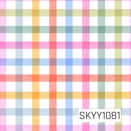 Soft watercolor rainbow plaid featuring pastel pink, blue, yellow, coral, mint, and light green stripes layered over a crisp white background. The hand-painted look gives this cheerful print a sweet, whimsical feel.
