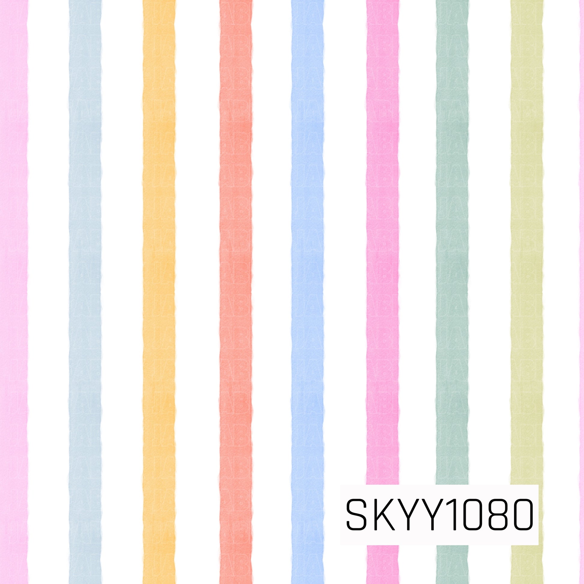 Soft watercolor stripes in pastel pink, blue, yellow, coral, mint, and light green create a sweet and cheerful rainbow design on a crisp white background. The hand-painted look gives this  print a light, whimsical feel.
