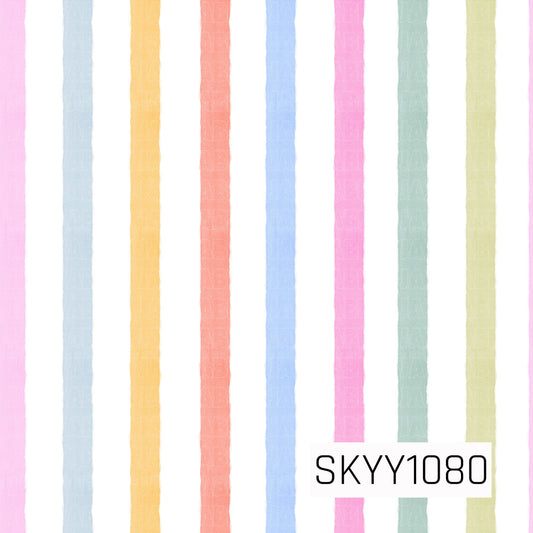 Soft watercolor stripes in pastel pink, blue, yellow, coral, mint, and light green create a sweet and cheerful rainbow design on a crisp white background. The hand-painted look gives this  print a light, whimsical feel.
