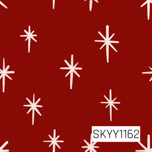 A simple hand-drawn snowflake pattern featuring scattered ivory starburst-style snowflakes on a rich Christmas red background. The imperfect, textured lines give it a playful handmade feel with a classic holiday look.