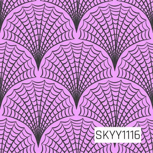 A bold seamless Halloween pattern featuring large scalloped spiderwebs arranged in an overlapping fan-like layout. Thick black web lines stand out against a vibrant pink-purple background, creating a simple yet dramatic spooky design with a playful retro feel.
