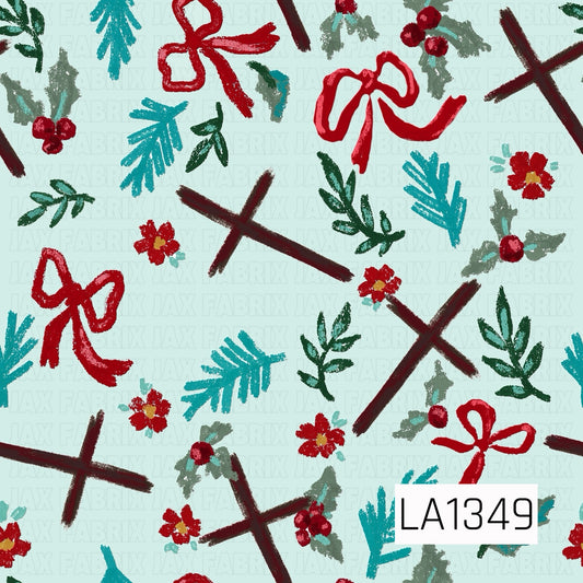 This seamless design features rustic hand-drawn crosses, bright red bows, holly berries, small red flowers, and scattered evergreen sprigs on a soft mint background. Rich burgundy, red, green, and teal accents create a festive Christmas pattern with a faith-inspired feel.
