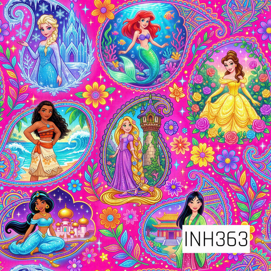 A vibrant seamless pattern featuring storybook-inspired princesses framed in ornate floral and paisley medallions on a bold hot pink background. Surrounded by colorful flowers, swirling vines, sparkling accents, castles, ocean scenes, and magical landscapes, the design blends bright jewel tones of pink, purple, teal, blue, and gold for a whimsical, fantasy-inspired look.
