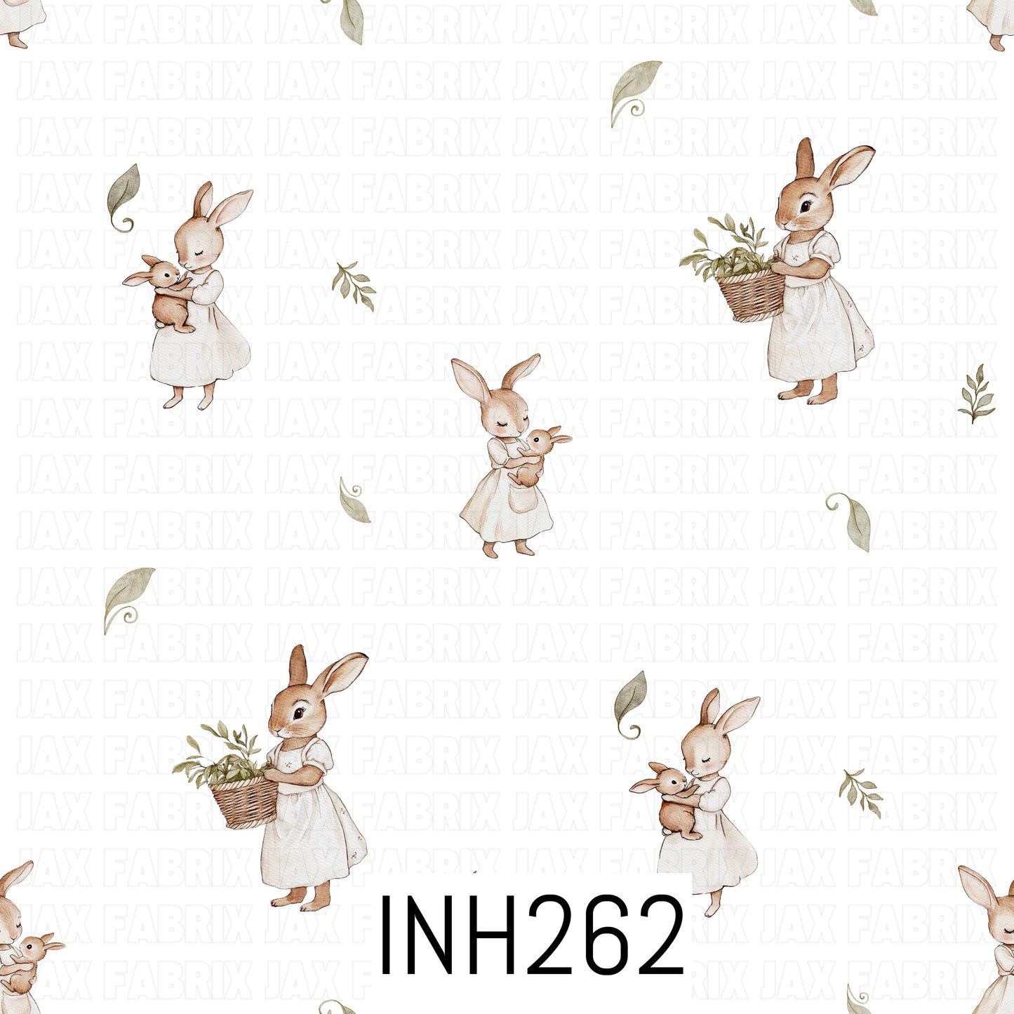 Pattern of rabbits in white dresses holding baskets and a baby rabbit on a light background 