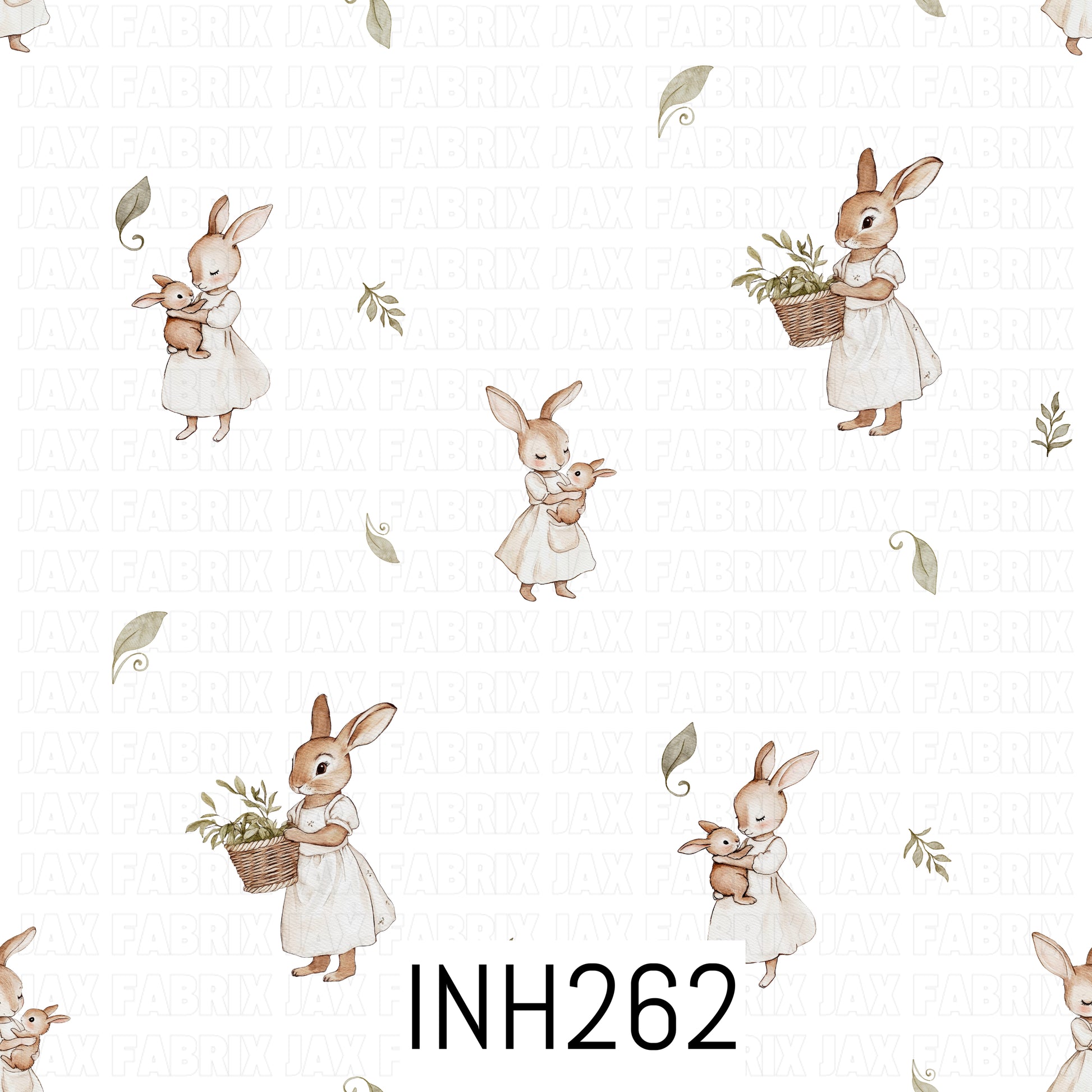 Pattern of rabbits in white dresses holding baskets and a baby rabbit on a light background 