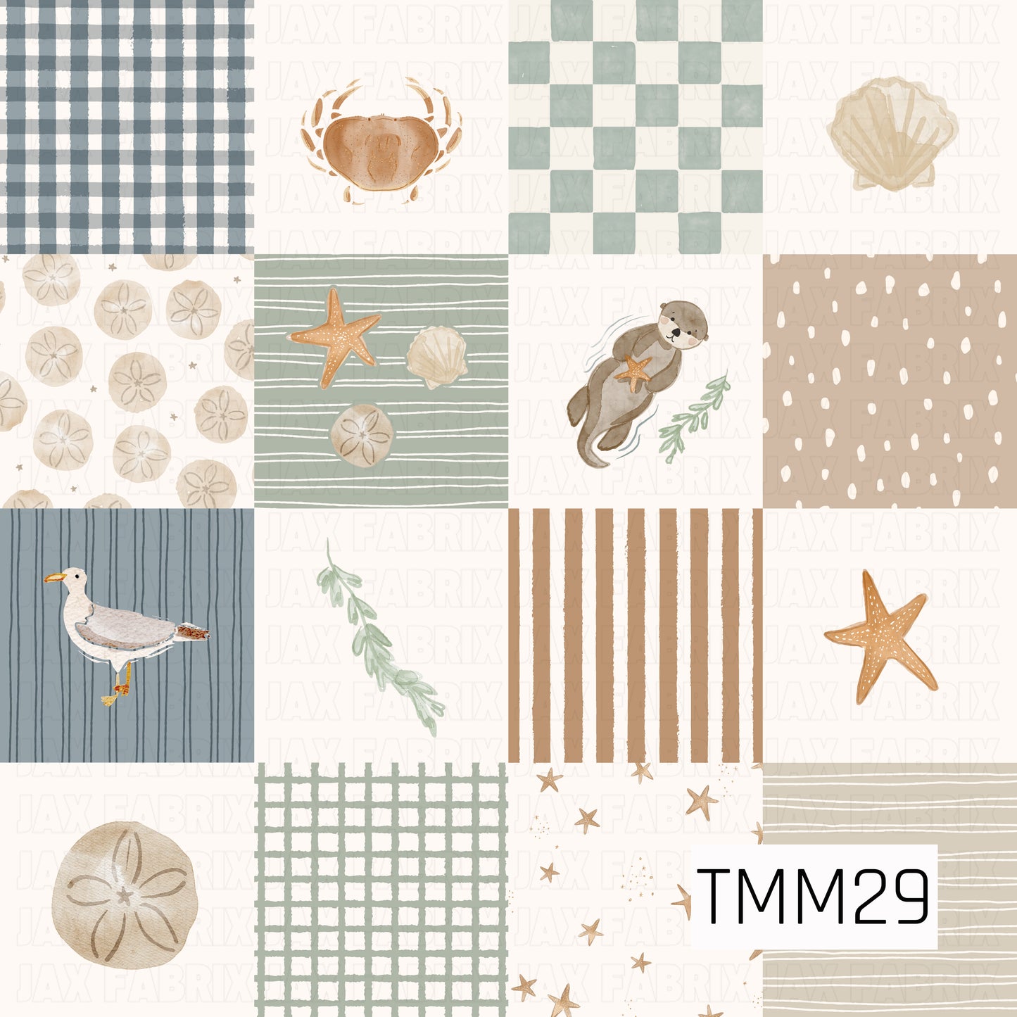 A coastal-inspired patchwork design featuring a mix of watercolor ocean-themed prints arranged in a quilt-style layout. The blocks include blue and sage gingham, sea otters, crabs, seashells, starfish, sand dollars, a seagull, seaweed, stripes, dots, stars, and textured geometric patterns in soft shades of dusty blue, sage green, tan, cream, and warm brown. The overall design has a relaxed seaside cottage feel with a modern watercolor aesthetic.
