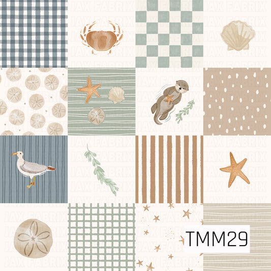 A coastal-inspired patchwork design featuring a mix of watercolor ocean-themed prints arranged in a quilt-style layout. The blocks include blue and sage gingham, sea otters, crabs, seashells, starfish, sand dollars, a seagull, seaweed, stripes, dots, stars, and textured geometric patterns in soft shades of dusty blue, sage green, tan, cream, and warm brown. The overall design has a relaxed seaside cottage feel with a modern watercolor aesthetic.
