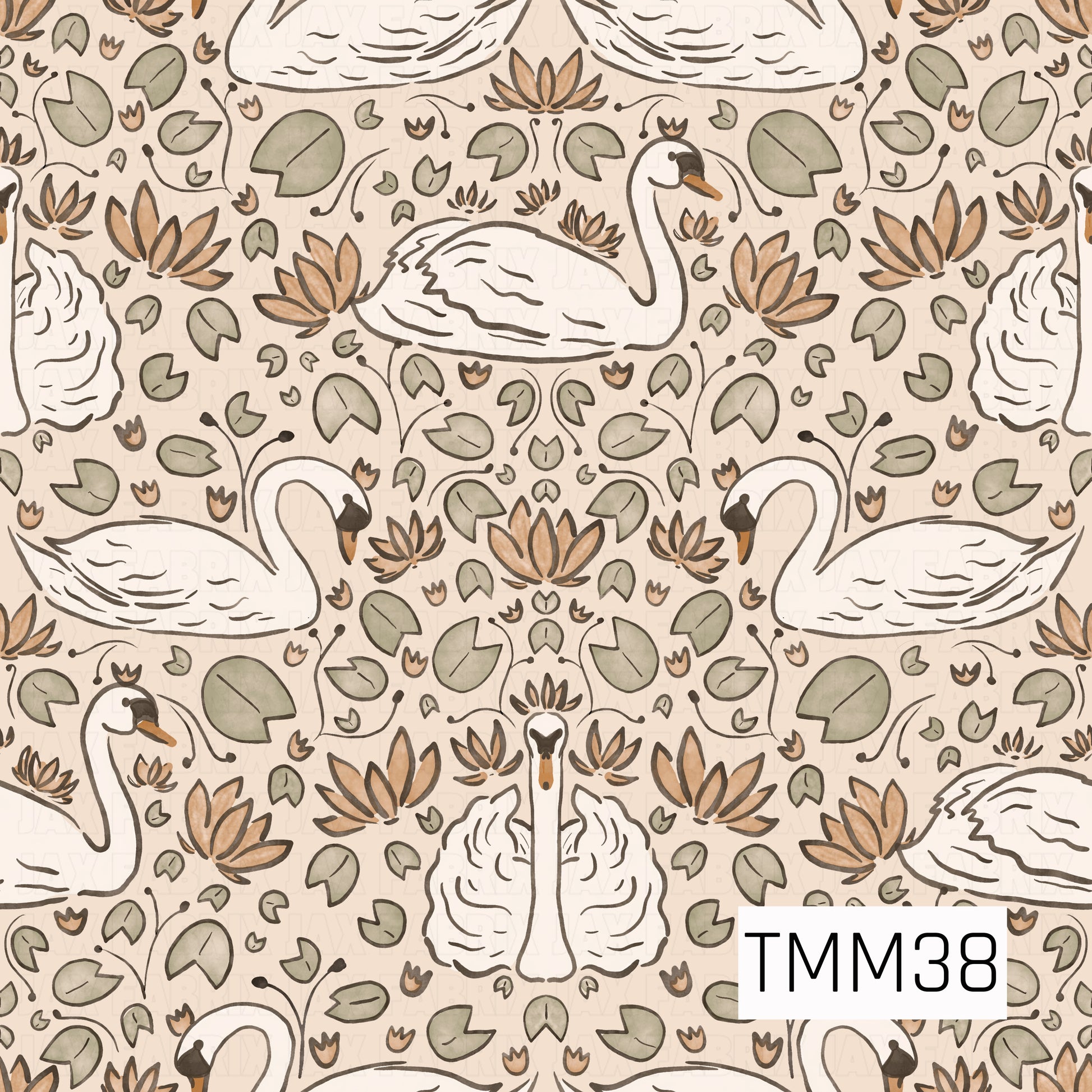 An elegant repeating pattern of graceful white swans surrounded by sage green lily pads, warm brown lotus flowers, and delicate botanical details on a soft cream background. The hand-drawn artwork and muted earthy palette create a timeless, peaceful design inspired by serene pond landscapes.
