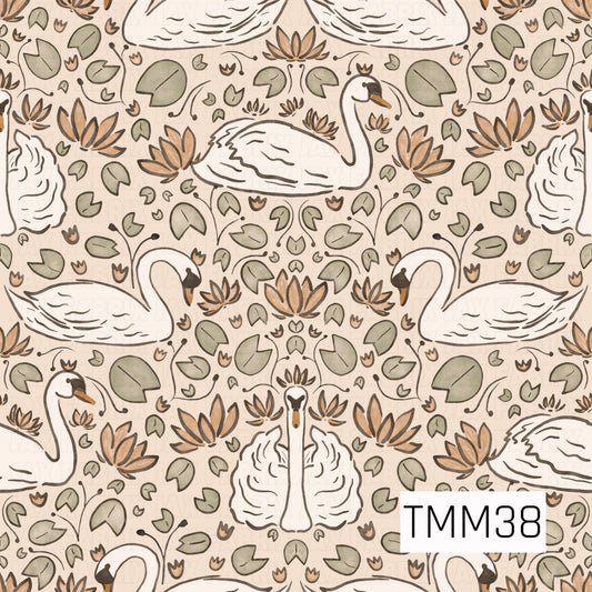 An elegant repeating pattern of graceful white swans surrounded by sage green lily pads, warm brown lotus flowers, and delicate botanical details on a soft cream background. The hand-drawn artwork and muted earthy palette create a timeless, peaceful design inspired by serene pond landscapes.
