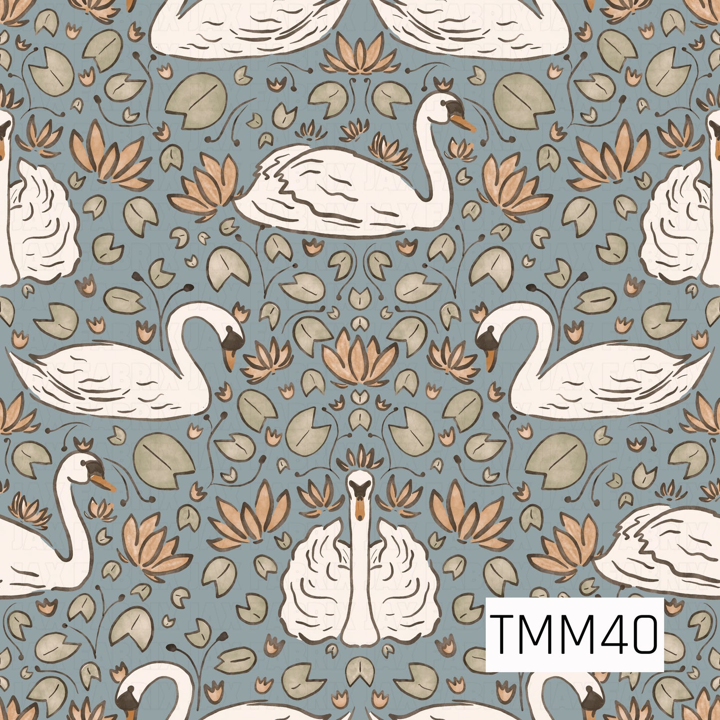 An elegant repeating pattern of graceful white swans surrounded by sage green lily pads, warm brown lotus flowers, and delicate botanical details on a soft dusty blue background. The hand-drawn artwork and muted earthy palette create a timeless, peaceful design inspired by serene pond landscapes.
