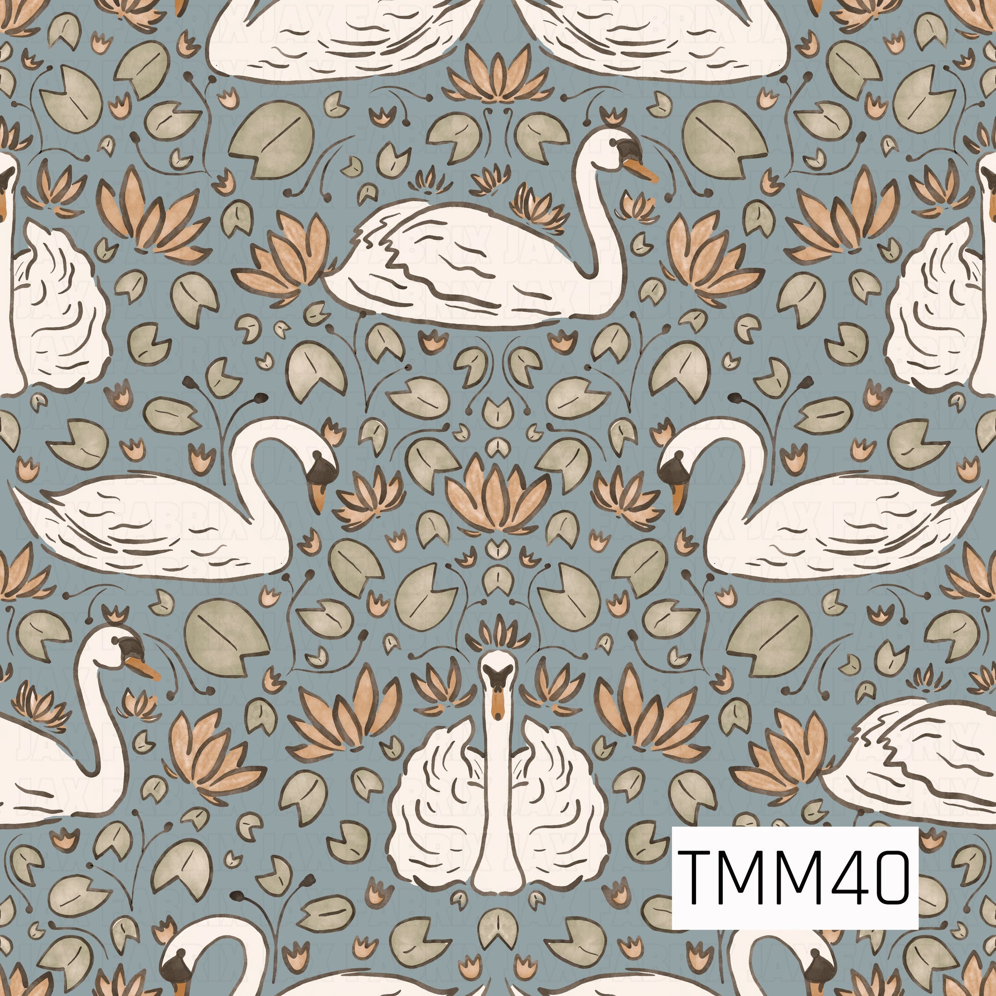 An elegant repeating pattern of graceful white swans surrounded by sage green lily pads, warm brown lotus flowers, and delicate botanical details on a soft dusty blue background. The hand-drawn artwork and muted earthy palette create a timeless, peaceful design inspired by serene pond landscapes.
