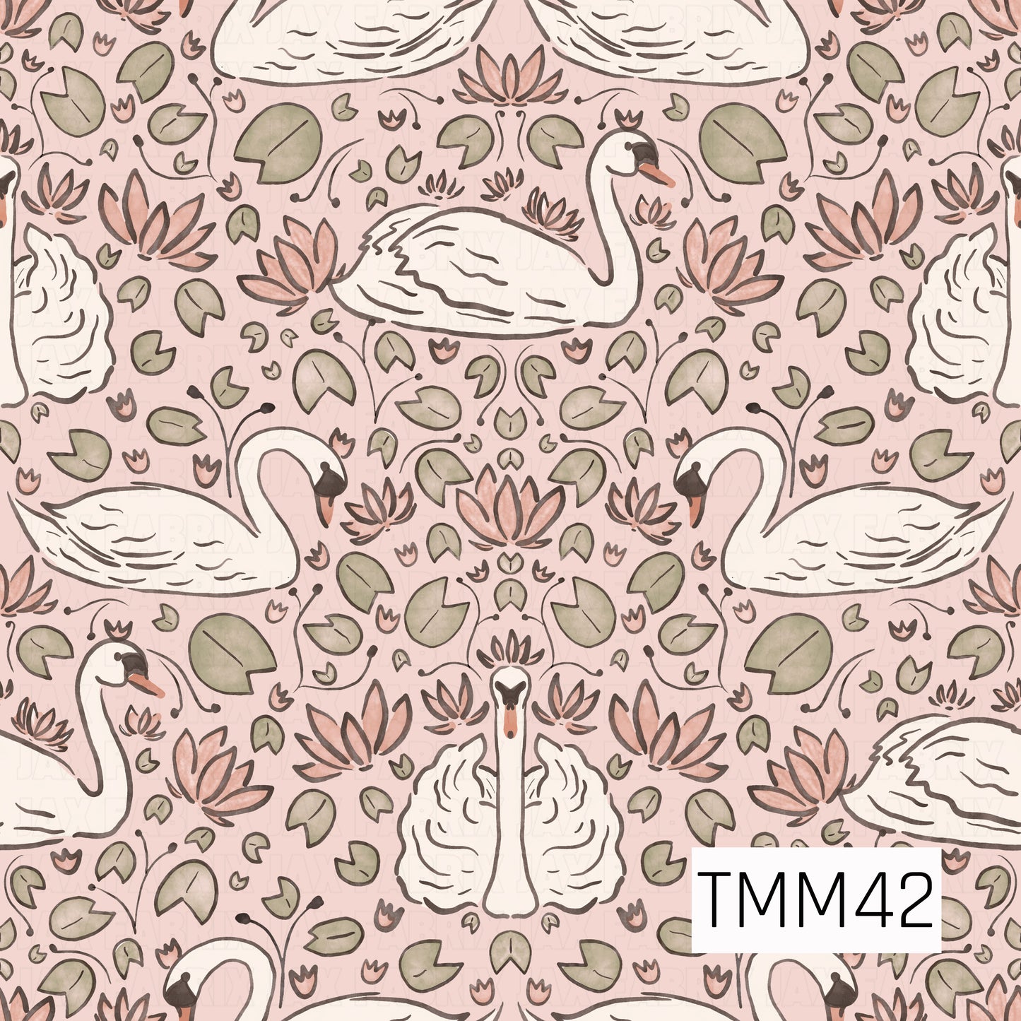 An elegant repeating pattern of graceful white swans surrounded by sage green lily pads, soft blush lotus flowers, and delicate botanical details on a gentle primrose pink background. The hand-drawn artwork and muted pastel palette create a timeless, peaceful design inspired by serene pond landscapes.
