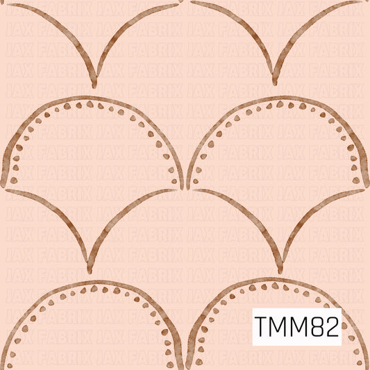 A soft watercolor scallop pattern featuring repeating fan-shaped arches on a warm blush pink background. Delicate brown outlines and tiny dotted details give the design a simple, hand-painted look with a subtle vintage feel.
