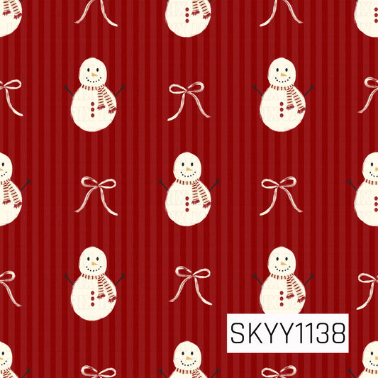 A festive Christmas pattern featuring cheerful snowmen bundled in red-and-cream striped scarves, paired with delicate white hand-drawn bows. The design is set against a rich red background with subtle tonal vertical stripes for a cozy, classic holiday look.
