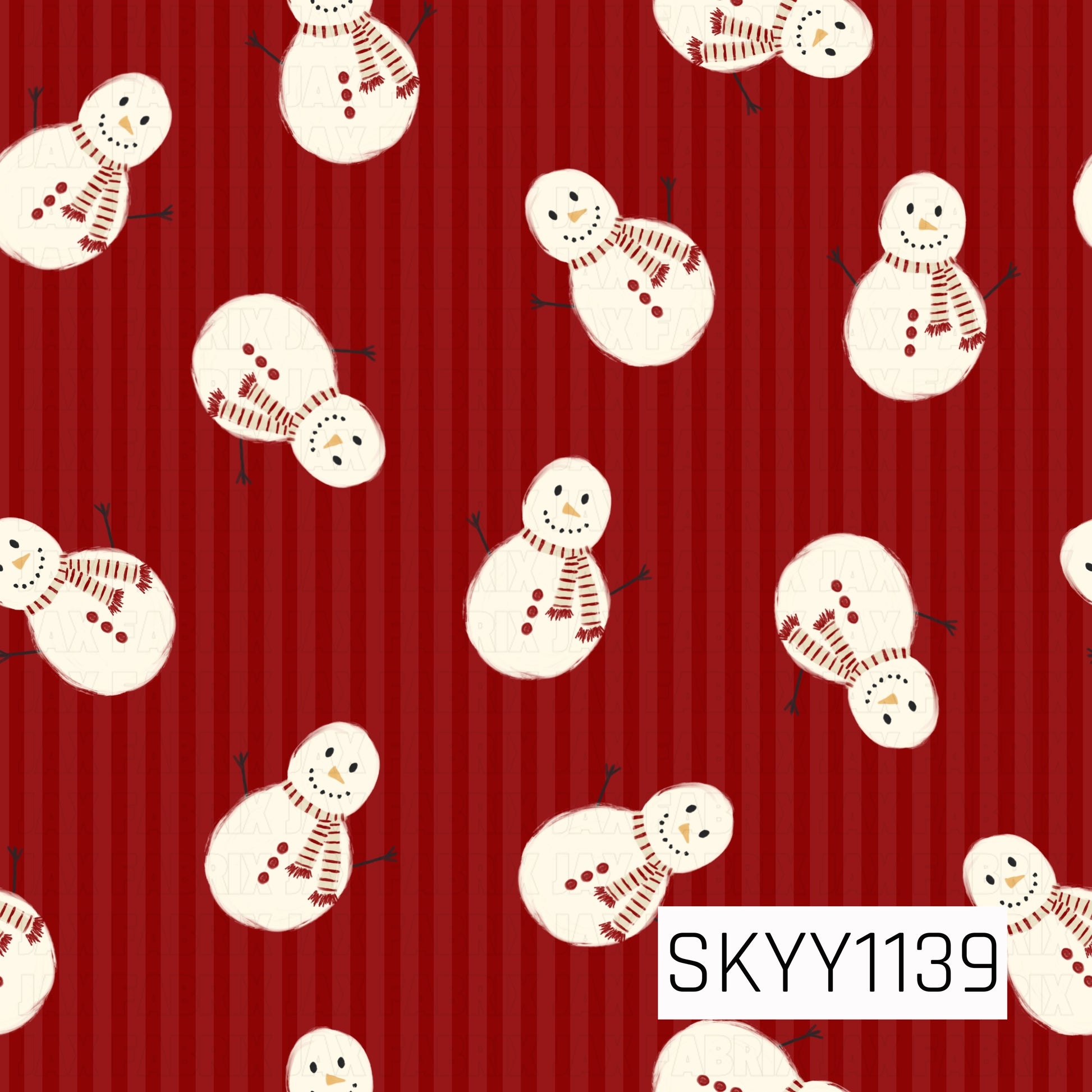A playful winter pattern featuring hand-drawn snowmen scattered in different directions across a rich red background with subtle vertical stripes. Each snowman features a classic carrot nose, button details, stick arms, and a cozy red-and-cream striped scarf for a cheerful holiday feel.
